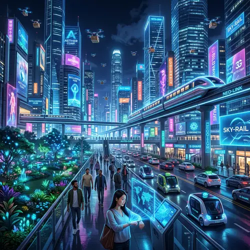 Futuristic Cityscape: Neon Lights, Skyscrapers, Maglev Trains