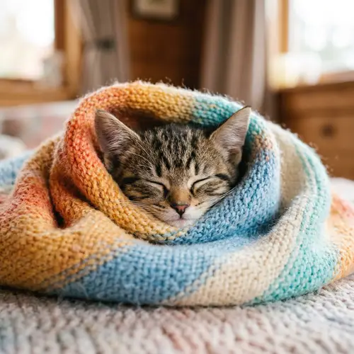 Adorable Cat in Colorful Fabric - Snoozing Cutie