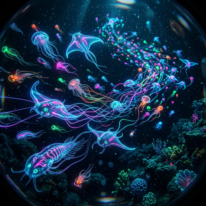 Bioluminescent Aliens in Neon Ocean Wonders Bioluminescent Aliens in Neon Ocean Wonders