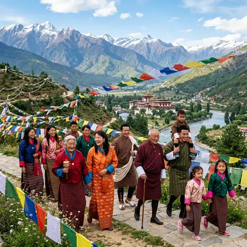 Traditional Bhutanese Attire in a Scenic Landscape