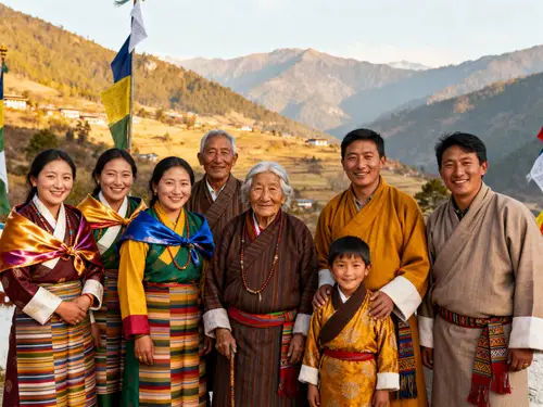 Traditional Bhutanese Attire in a Scenic Landscape