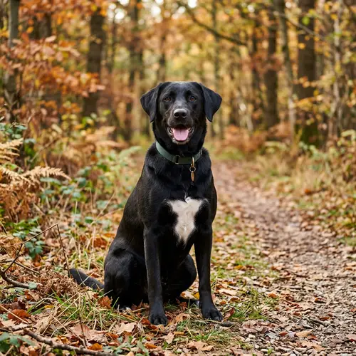 Black Dog with Distinct White Patch on Chest