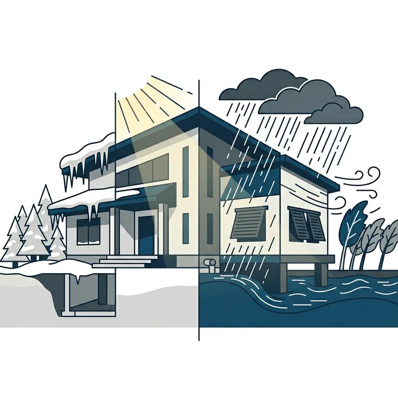 Digital Minimalist Illustration: Home Building for Weather Extremes