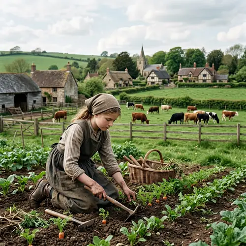 Village Girl Working on Farm with Grazing Cattle
