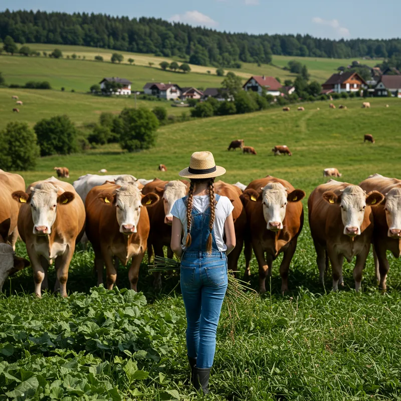 Village Girl Working on Farm with Grazing Cattle