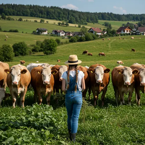 Village Girl Working on Farm with Grazing Cattle