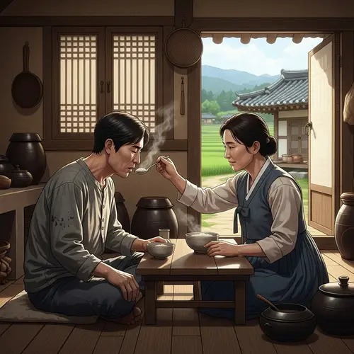 Tender Care: Korean Woman Feeds Man Rice Porridge