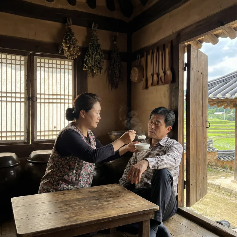 Tender Care: Korean Woman Feeds Man Rice Porridge