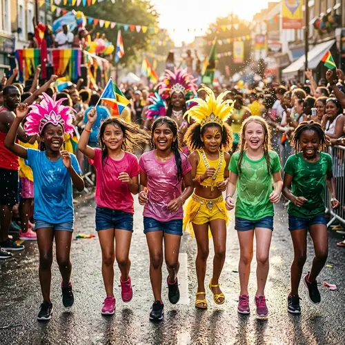 Dynamic Energy Parade: Diverse Girls in Carnival Costumes