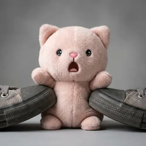 Blushing Toy Cat Gets Squished by Shoes