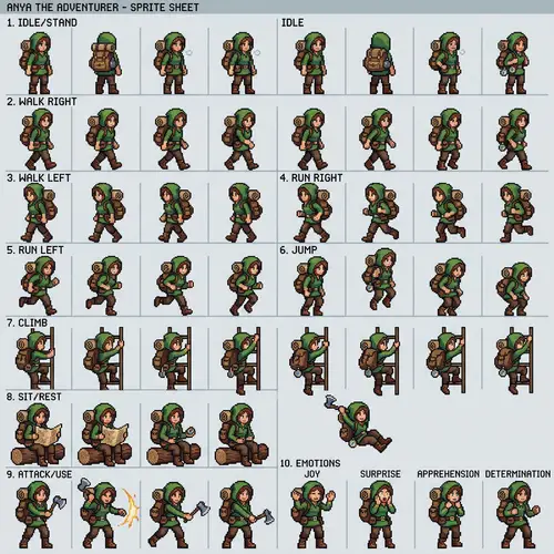 Detailed Adventurer Pixel Art Character Sprite Sheet