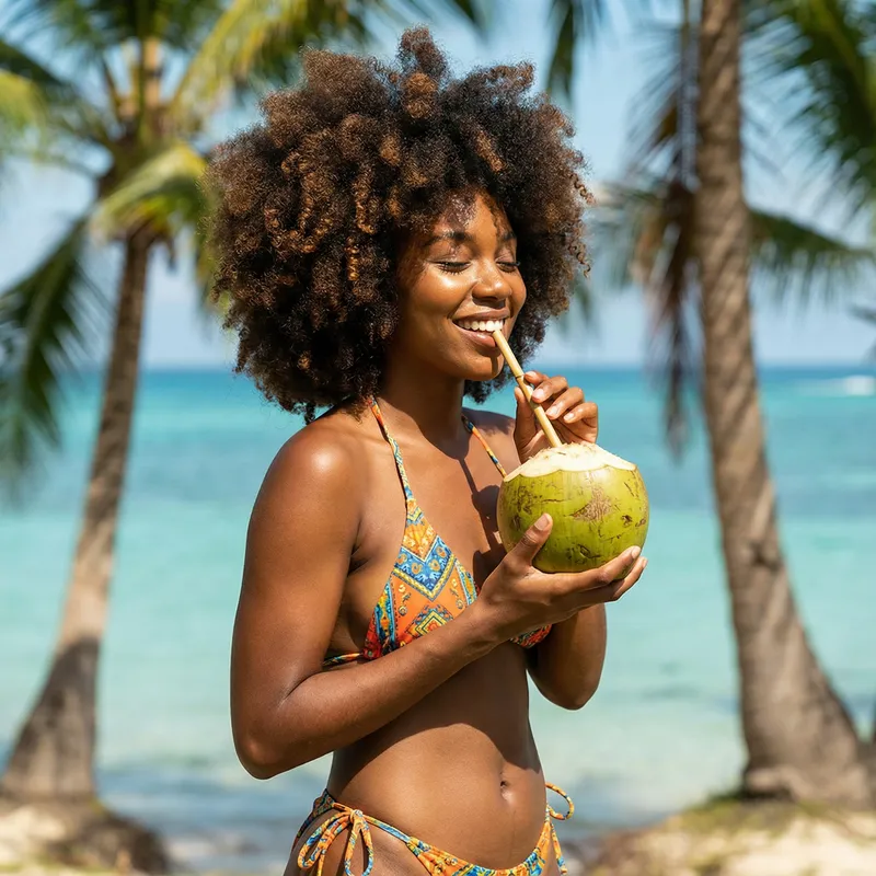 Confident Black Woman Enjoying a Tropical Coconut Drink
