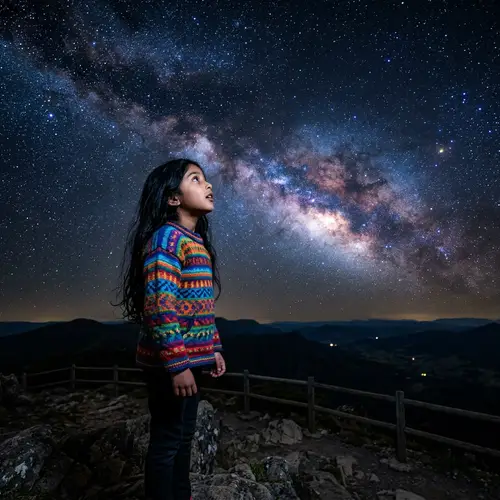 Captivated South Asian Girl in Colorful Jumper Gazing at Starlit Cosmos