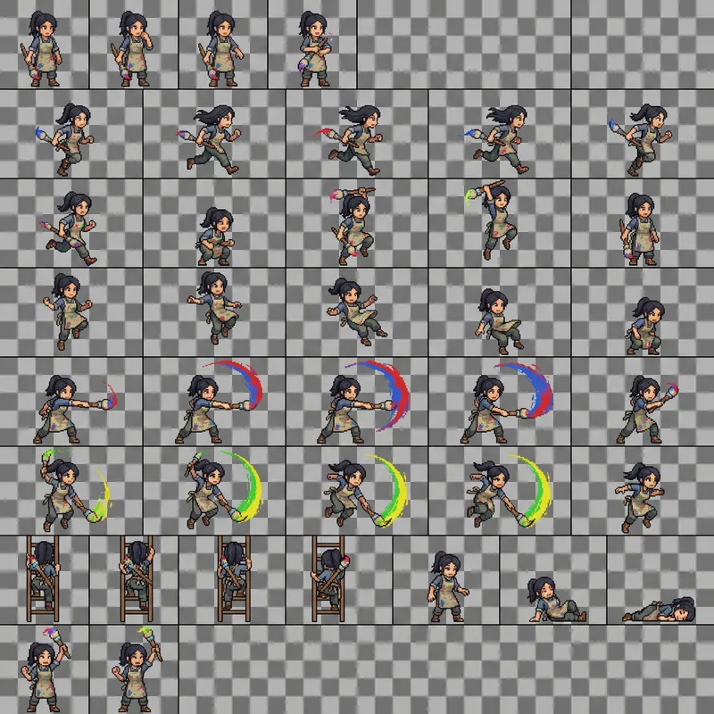 Detailed Pixel Art Sprite Sheet for Female Artist in a Video Game
