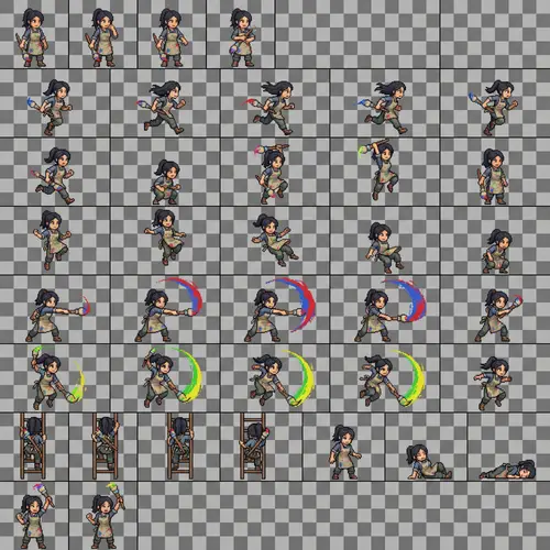 Pixel Art Game Female Artist Sprite Sheet with Paintbrush Weapon