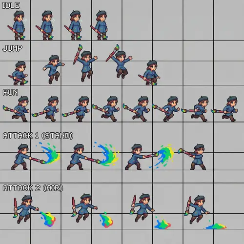 Pixel Art Game Sprite Sheet: Female Artist with Brush