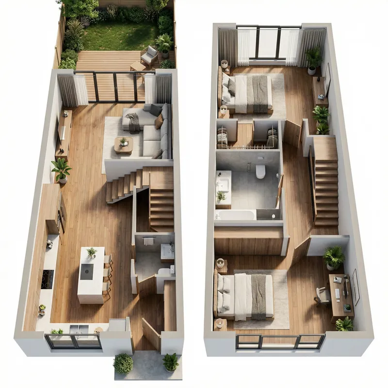 Modern 2-Story Townhouse Floor Plan | 3D Rendering Modern 2-Story Townhouse Floor Plan | 3D Rendering