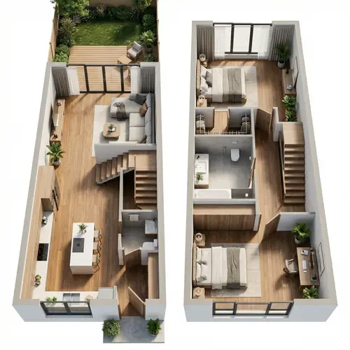Modern 2-Story Townhouse Floor Plan | 3D Rendering