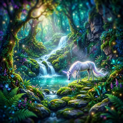 Mystical Forest Unicorn | Dreamlike Vibrant Scene