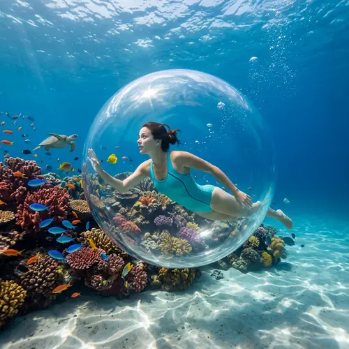 Woman Diving Freely in Bubble Underwater Adventure