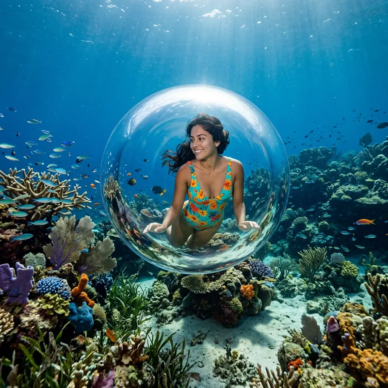 Hispanic Woman in Swimsuit Submerged in Underwater Bubble