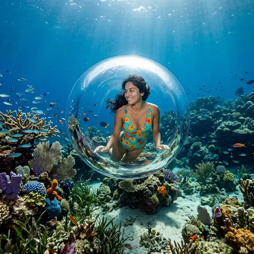 Hispanic Woman in Swimsuit Submerged in Underwater Bubble