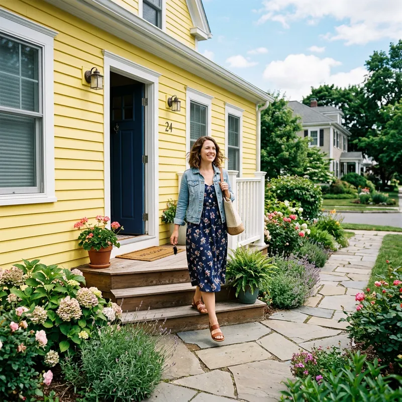 Woman Leaving a Yellow House - Captivating Scene Woman Leaving a Yellow House - Captivating Scene