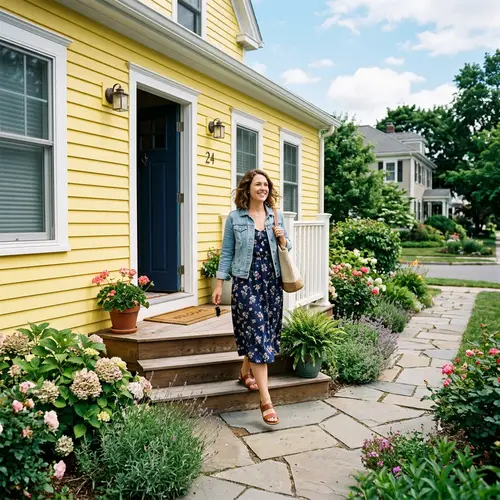 Woman Leaving a Yellow House - Captivating Scene