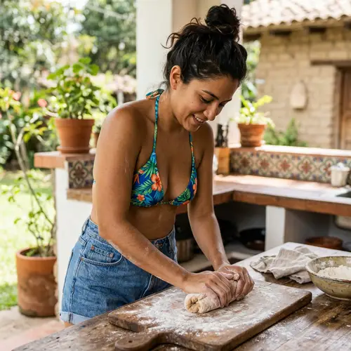 Hispanic Woman Kneading Bread in Bikini
