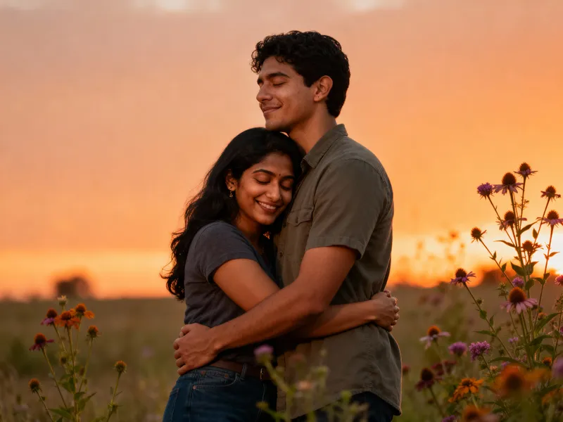 Embracing Love: A Joyful Couple in a Field