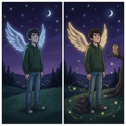 Teenage Boy with Imaginary Wings in Night Depths | 2D Art