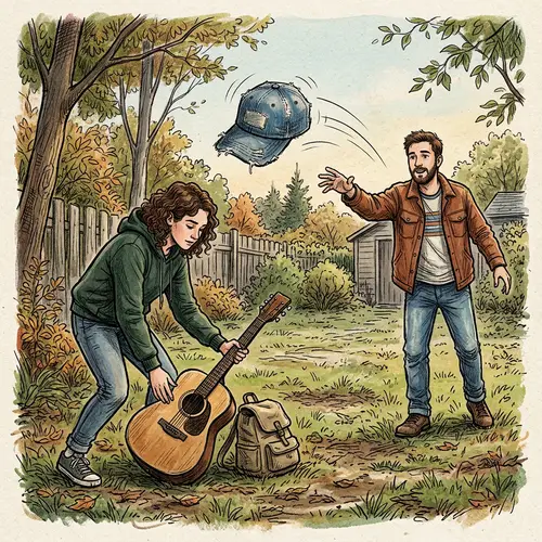 Hand-Drawn Scene of Guitar and Worn-Out Cap