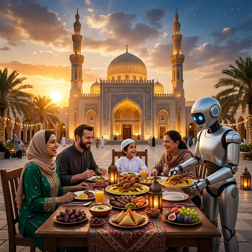 Multicultural Ramadan Family Dinner at Mosque | Robot Serving