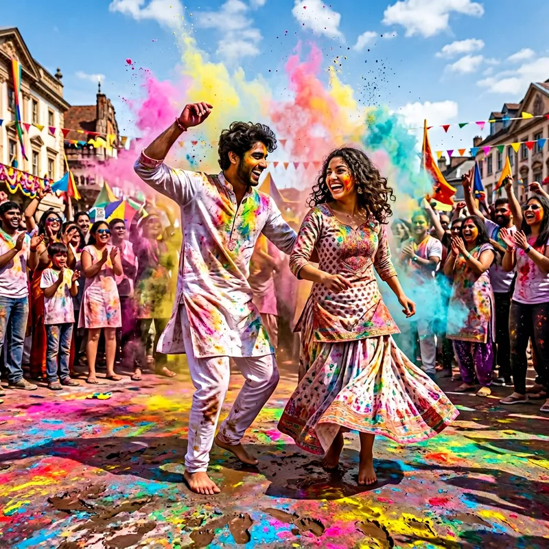 Joyful Holi Dance: Celebrating with Male & Female Couple