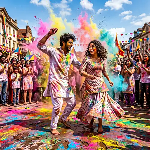 Vibrant Holi Dance: Male & Female Couple Celebrate with Swirls of Colors