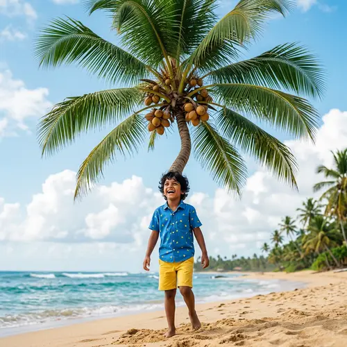 Joyful South Asian Boy with Imaginative Palm Tree and Coconuts