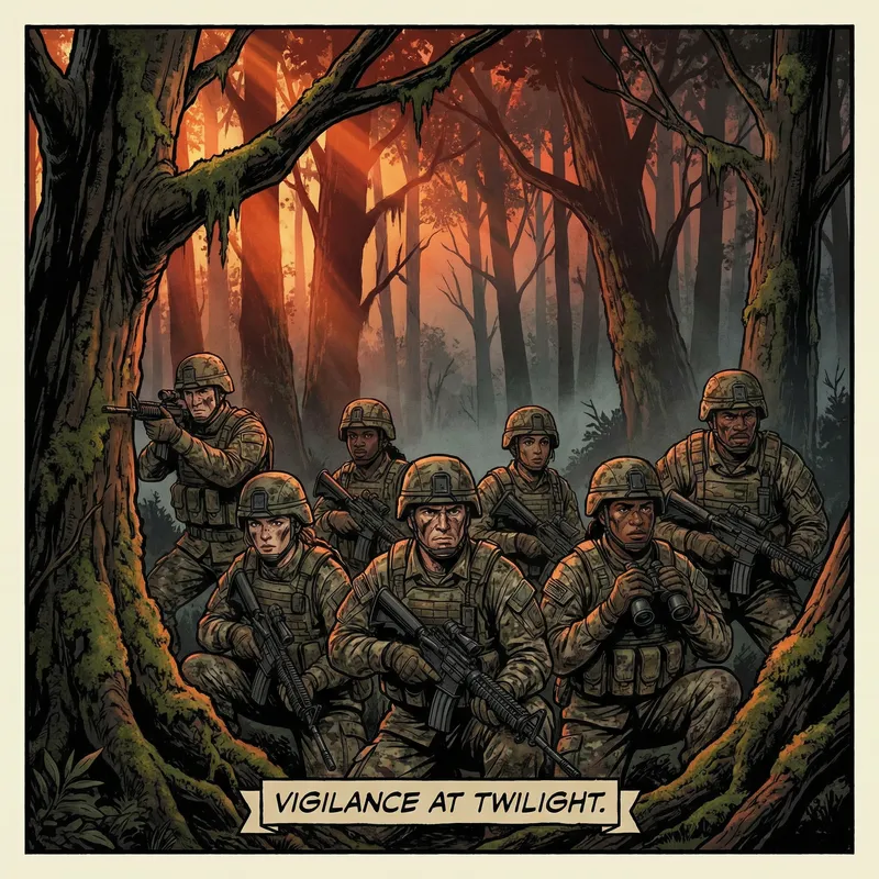 Vigilant Soldiers Defending Against Enemy in Forest