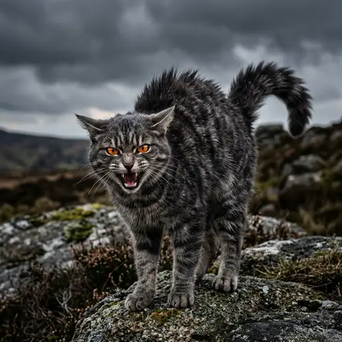 Fierce Cat with Stormy Fur and Amber Eyes - Defending Territory