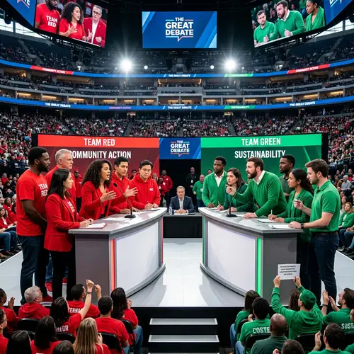 Passionate Debate Between Red and Green Groups in Stadium