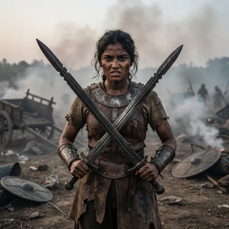 Warlike Girl in Torn Armor with Swords