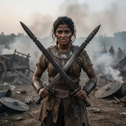 Warlike Girl in Torn Armor with Swords