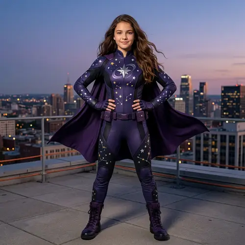 14-Year-Old Superheroine with Long Brunette Hair in Purple and Black Suit