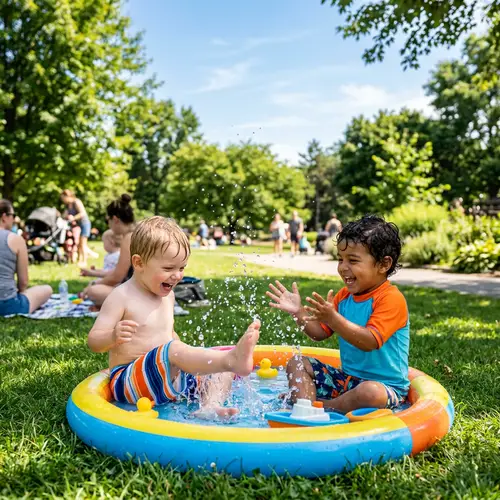 Playful Park Scene with Caucasian and Hispanic Toddler Boys Splashing in Water Pool