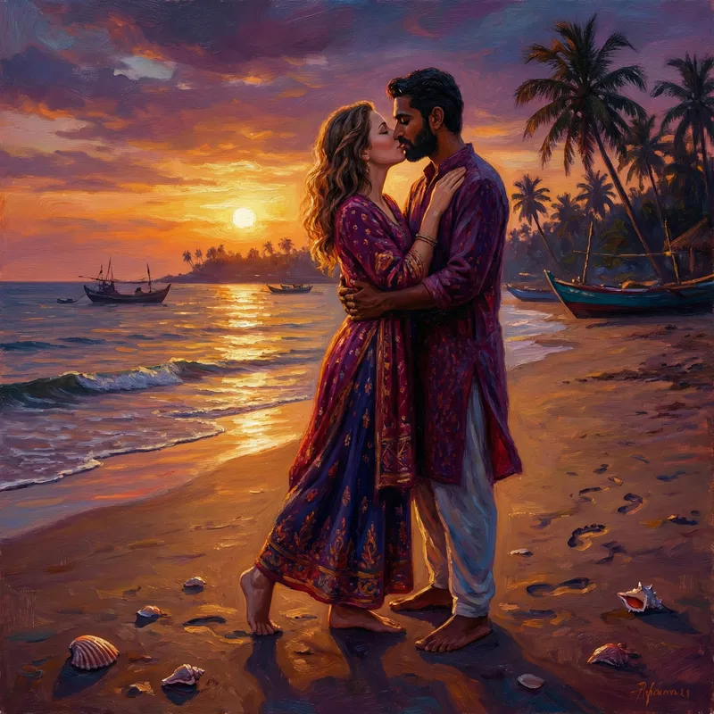 Romantic Sunset Kiss | Vibrant Colors Beach Embrace