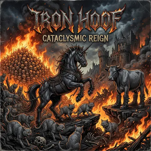 Gothic Unicorn Rock Album Cover with Grey Cats & Flaming Skulls