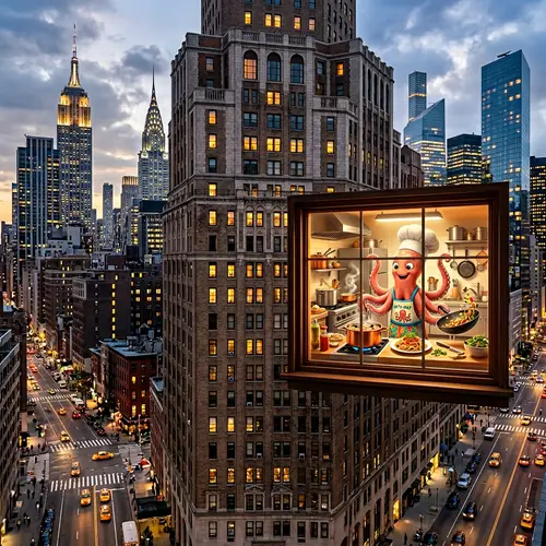 New York City Building with Octopus Cooking and Dancing in Kitchen