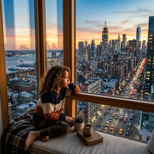 Girl in New York City Skyline | Urban View from High-Rise Building