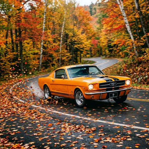 Orange Mustang GT Speeding Through Autumn Forest