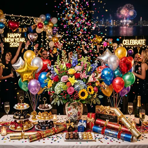 Celebrate New Year with Colorful Flowers & Treats