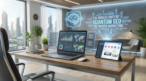 Futuristic Digital Marketing Workspace in 2026